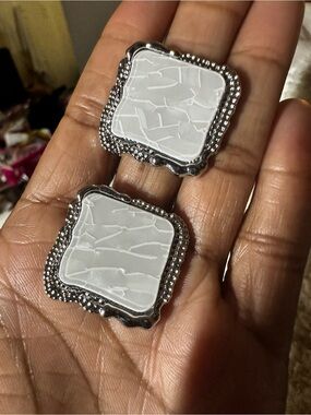 White Enamel Square Drop Earrings with Beaded Silver-Tone Frame